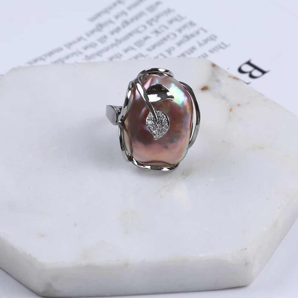 Authentic Baroque Purple Pearl Ring Silver